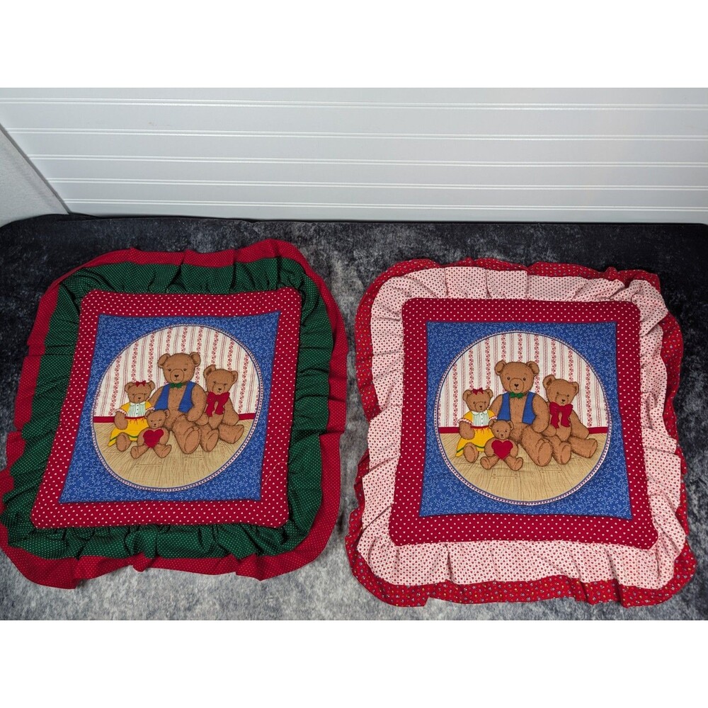 Pair Of Vintage Hand Quilted Bear Family 12"Pillow Cases Cottagecore Grannycore